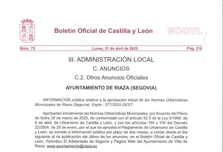 Imagen INFORMACIÓN pública relativa a la aprobación inicial de las Normas Urbanísticas Municipales de Riaza (Segovia)