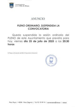 Imagen PLENO ORDINARIO. SUSPENDIDA LA CONVOCATORIA