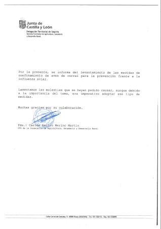 Imagen LEVANTAMIENTO DE LAS MEDIDAS DE CONFINAMIENTO DE AVES DE CORRAL.
