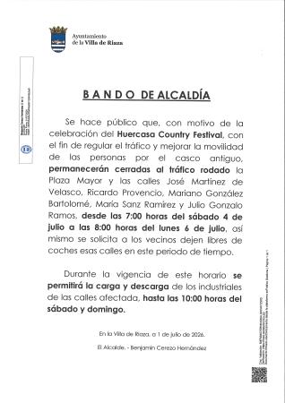 Imagen BANDO ALCALDÍA. TRÁFICO HUERCASA COUNTRY FESTIVAL.