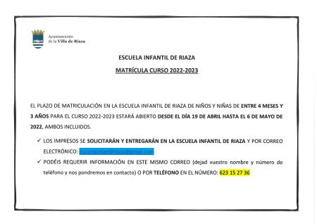 Imagen ESCUELA INFANTIL DE RIAZA. Matrícula Curso 2022/2023