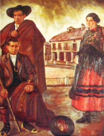Imagen 'Riazanos', Ignacio Blanco Niño. Pintura al óleo, 1935. Personajes con trajes típicos en la Plaza Mayor.
