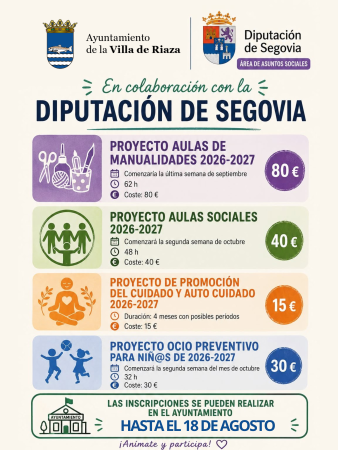 Imagen INSCRIPCIONES ACTIVIDADES CURSO 2026/2027 DE LA DIPUTACION DE SEGOVIA