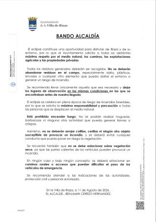 Imagen BANDO ALCALDÍA. eclipse solar 12 de agosto