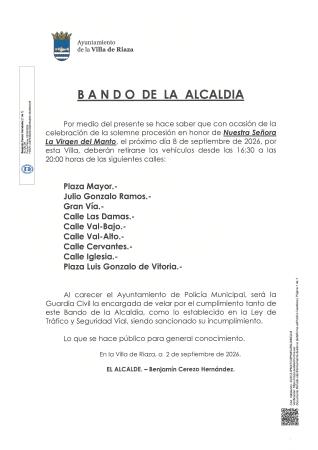 Imagen BANDO ALCALDÍA. Regulación de tráfico y aparcamientos día 8 de septiembre.