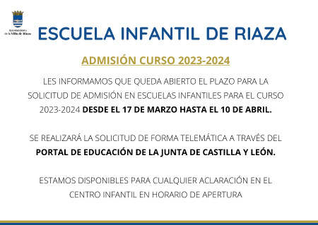 Imagen ESCUELA INFANTIL DE RIAZA. Admisión Curso 2023/2024.