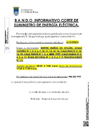 Imagen BANDO INFORMATIVO CORTE DE SUMINISTRO DE ENERGÍA ELÉCTRICA.
